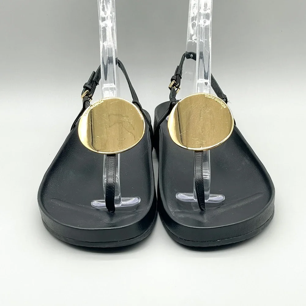 Tory Burch Patos Disk Sandals Womens 7.5 Black Leather Thong Slingback Flat Shoe